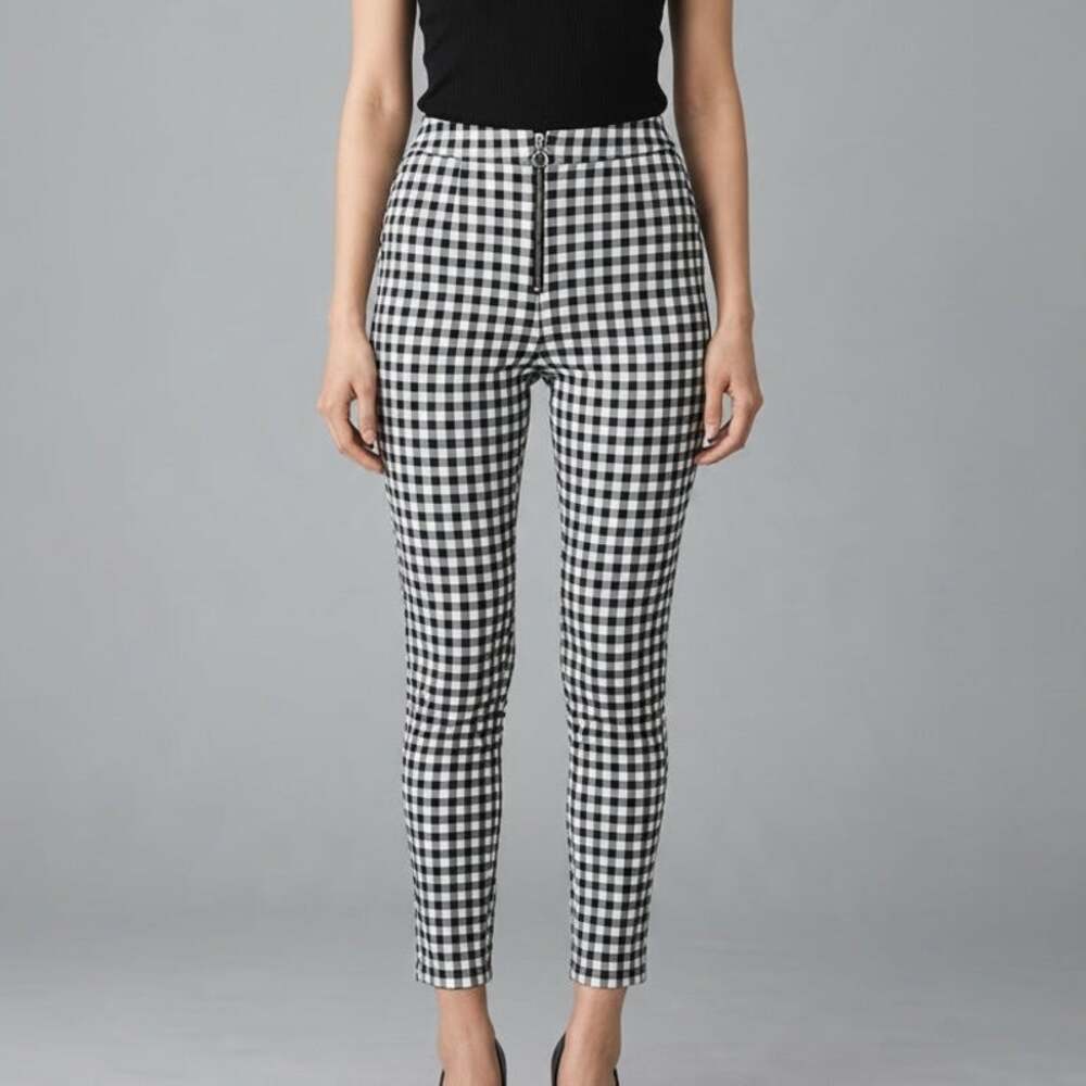 Zara Front Zip Up Checkered Mid Waist Skinny Stretch Ankle Pants S Black White